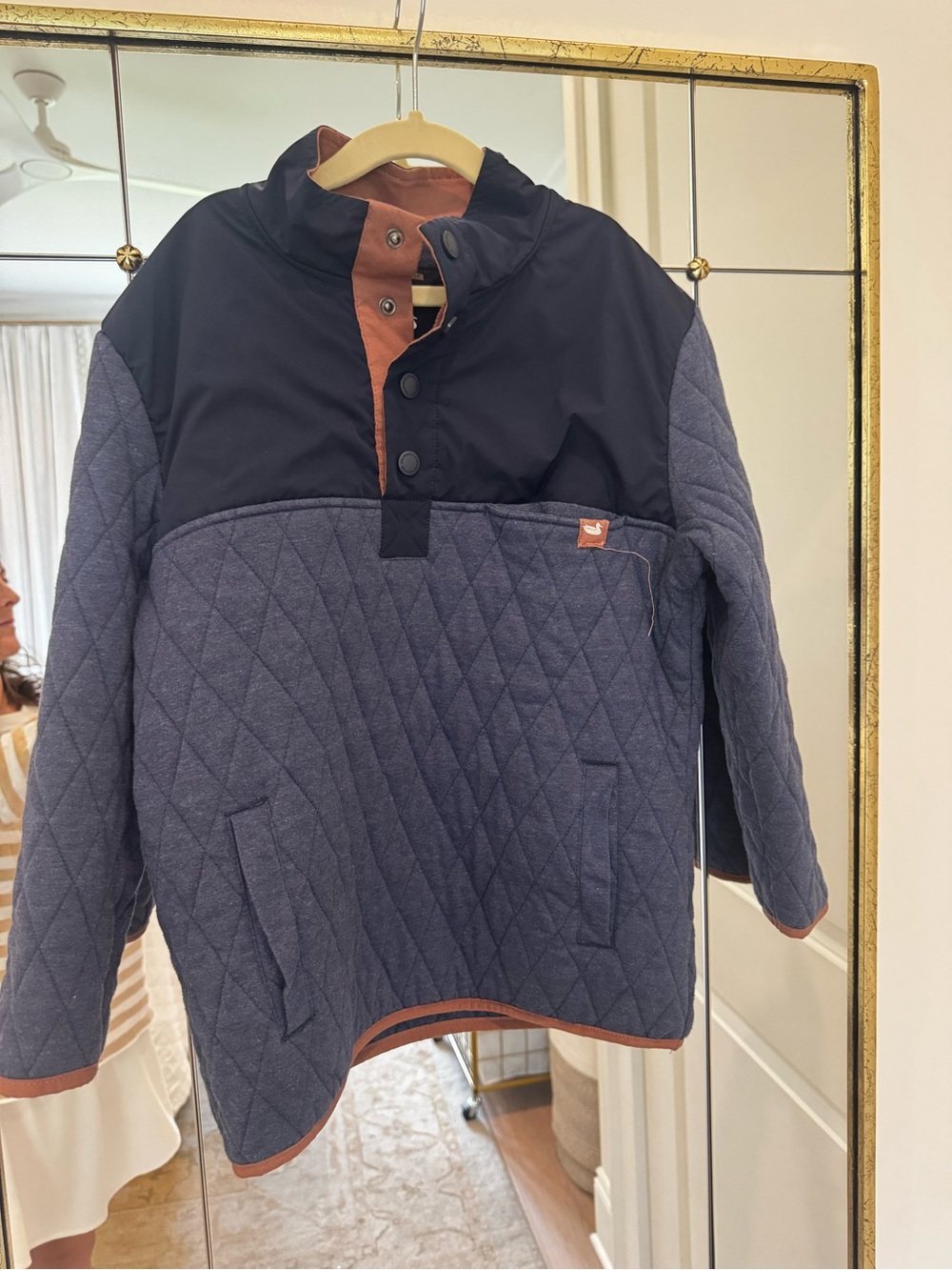 Southern Marsh Navy Quilted Pullover with Brown Trim